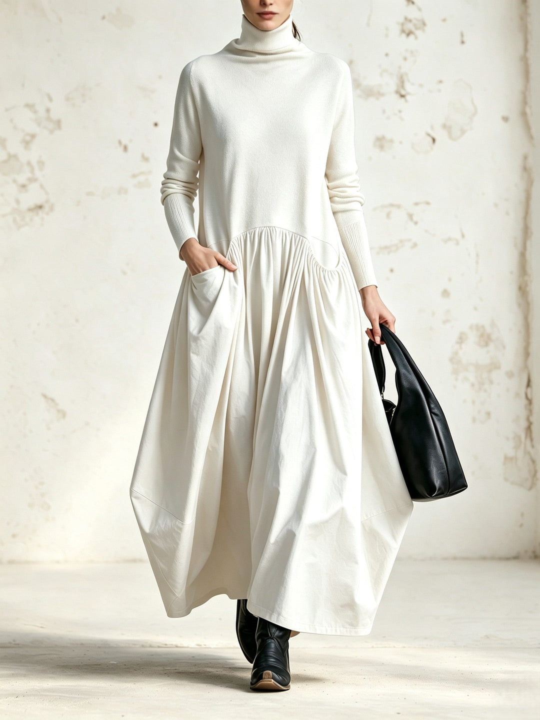 Odette | Maxi Zwarte Oversized Jurk met Hoge Kraag