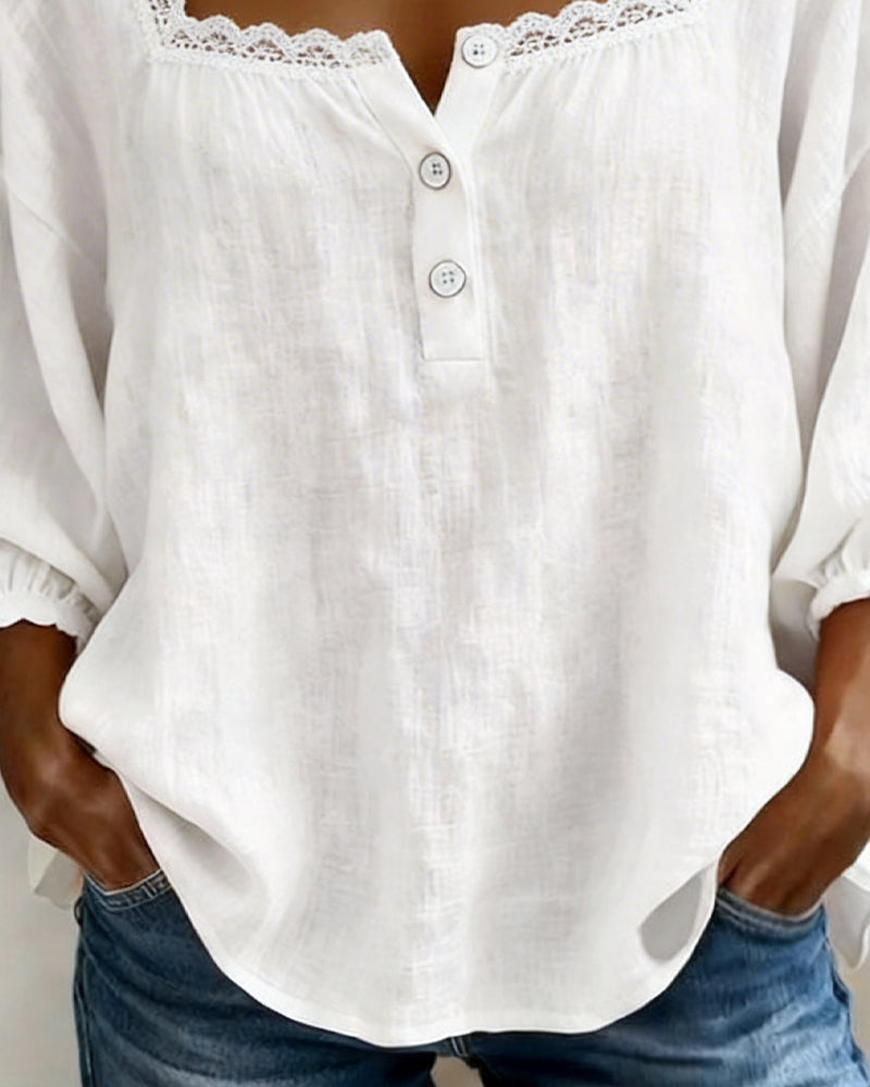 Blouse van Kant met Vierkante Hals en Puffmouwen