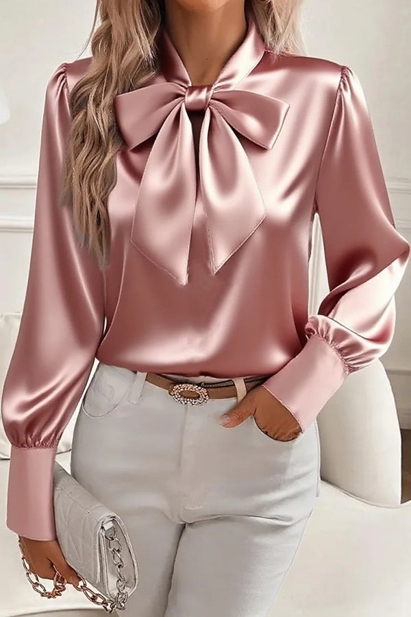 Satin Effen Kleur Casual Strik Lange Mouwen Shirt