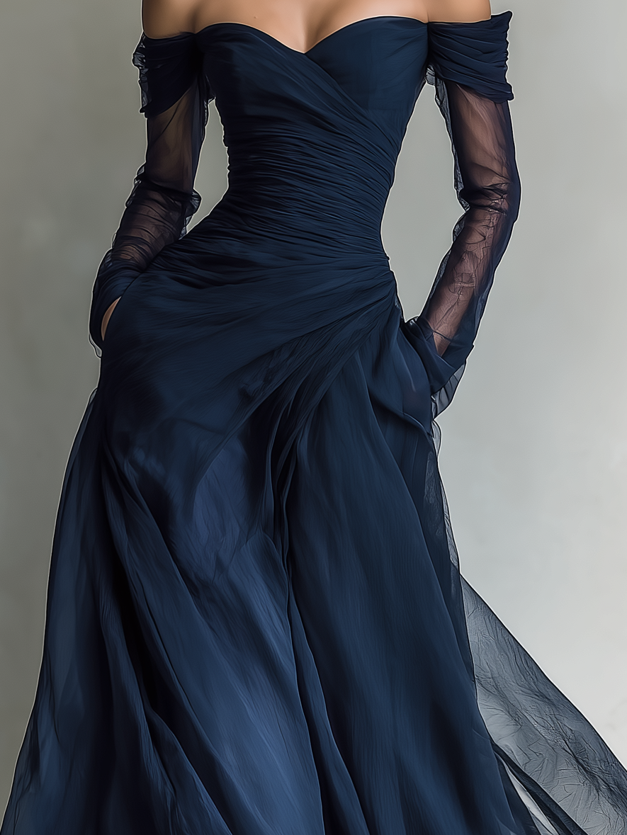 Elegante Aansluitende Maxi Jurk van Donkerblauwe Organza Chiffon met Lange Mouwen en Schoudervrij voor Vrouwen