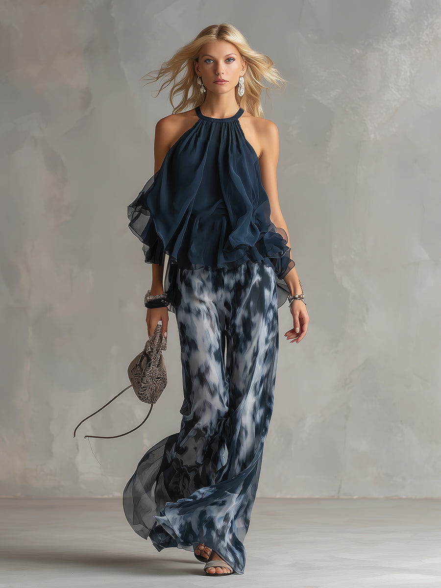 Ludovica - elegante in chiffon met hoge hals en wijde geprinte broek