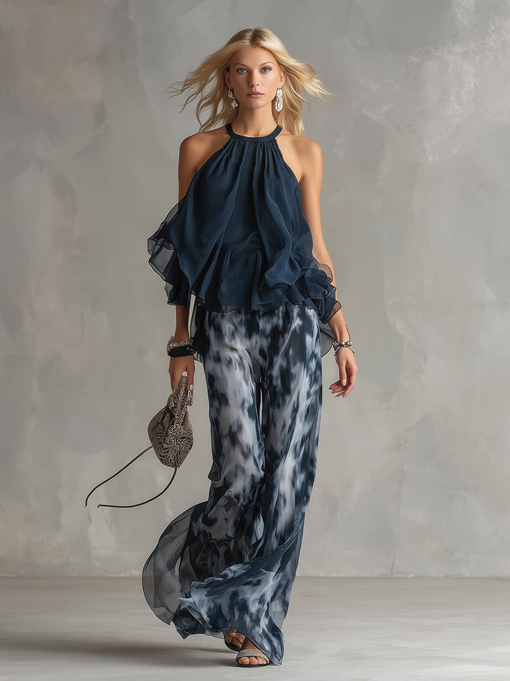 Ludovica - elegante in chiffon met hoge hals en wijde geprinte broek