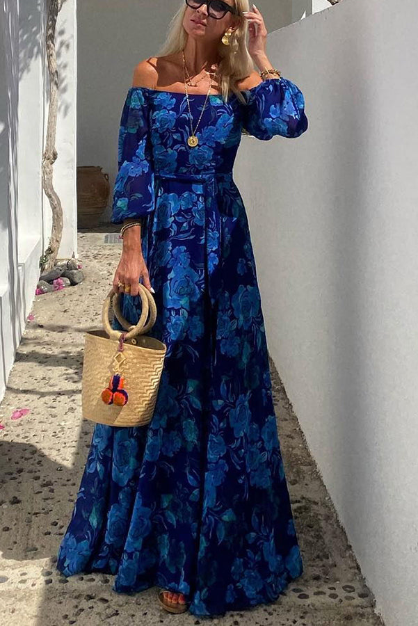 Francesca - Lange jurk met bloemenpatroon en off-the-shoulder mouwen