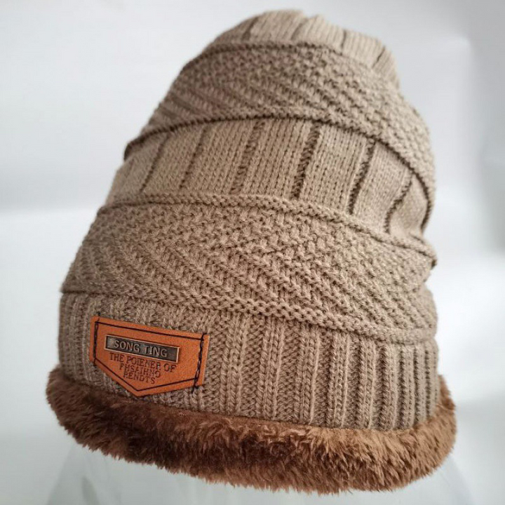 Leren gebreide muts voor mannen, winter, met label, slouchy stijl, gevoerd met dikke fleece