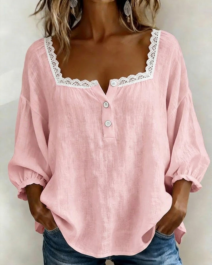 Blouse van Kant met Vierkante Hals en Puffmouwen
