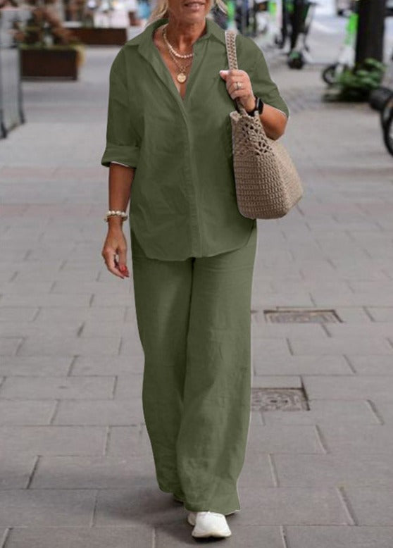Denice™ Elegante Casual Twee-delige Set | Ontspannen Knopshirt en Wijde Broek