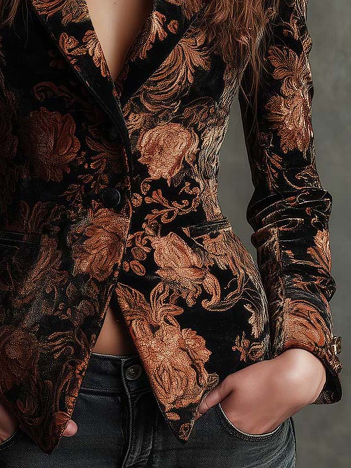 Bertille | Blazer Tailleur Met Bloemenprint in Zwart en Brons