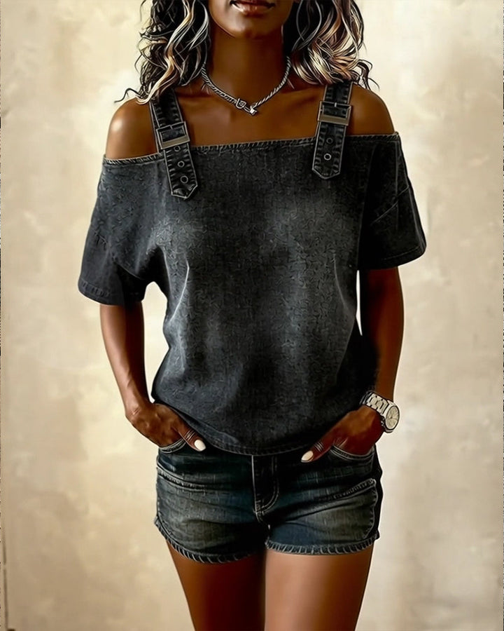 Chemisier Off-Shoulder met Spaghetti Bandjes in Denim