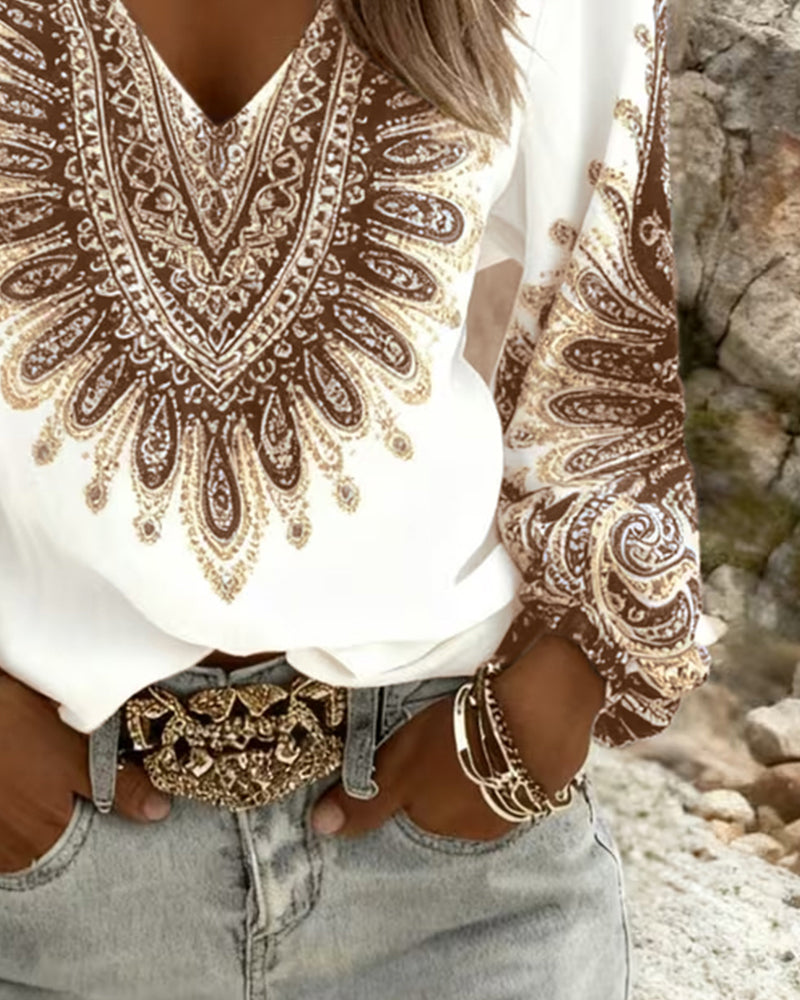Top Met V-Hals en Retro Print