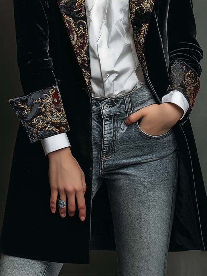 Léontine | Slim Fit Geprinte Barok Zwarte Blazer