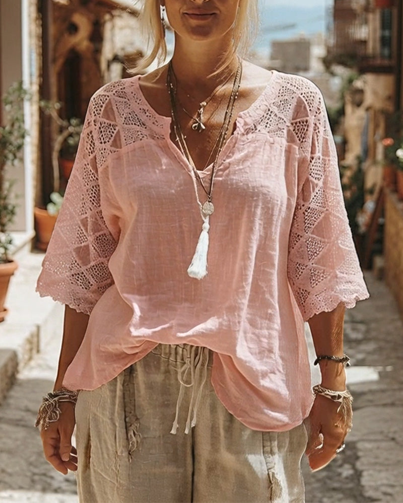 Blouse met V-hals en Kantdetails