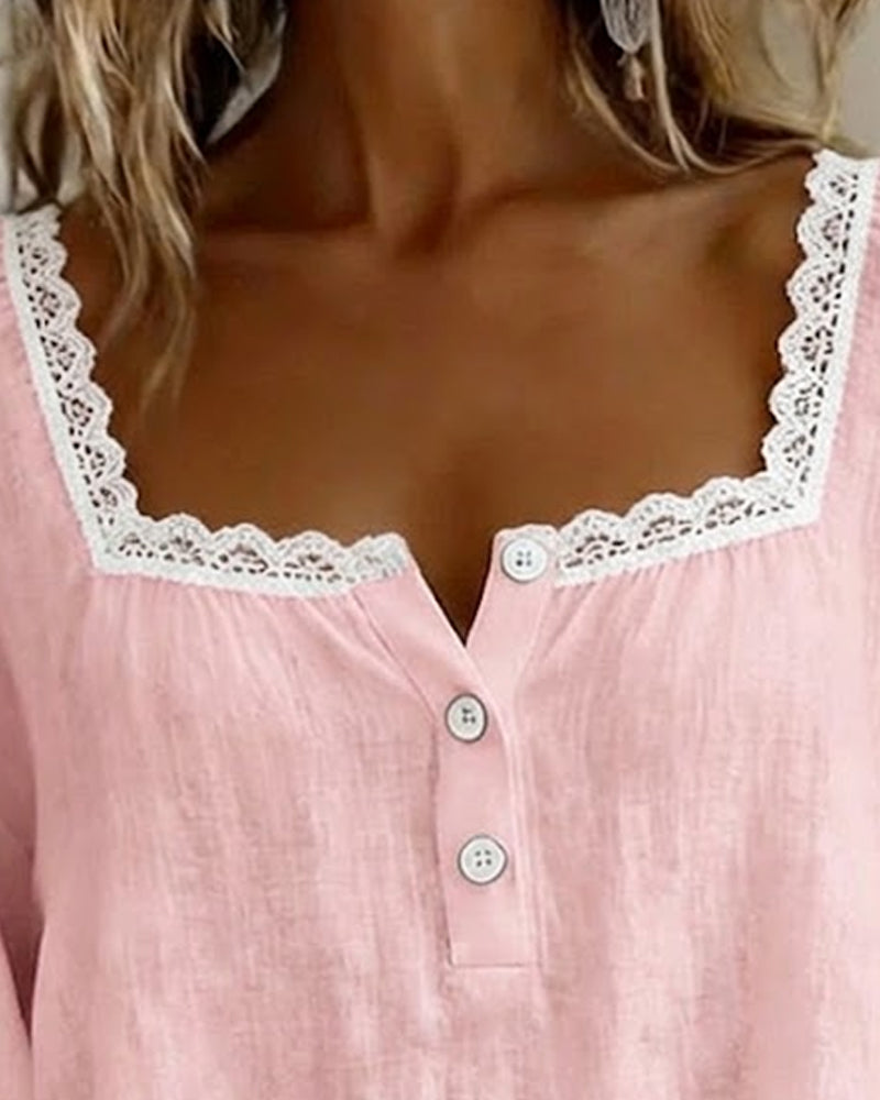 Blouse van Kant met Vierkante Hals en Puffmouwen