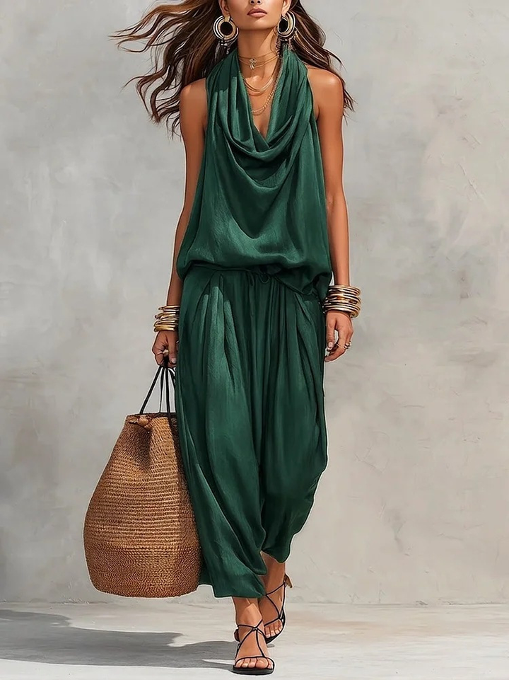 Zwarte Halter Nek Mouwloze Top En Plissé Broek Set