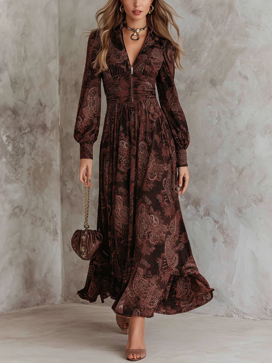 Oriane | Maxi Jurk Hoge Taille met Rits in Bruine Paisleyprint