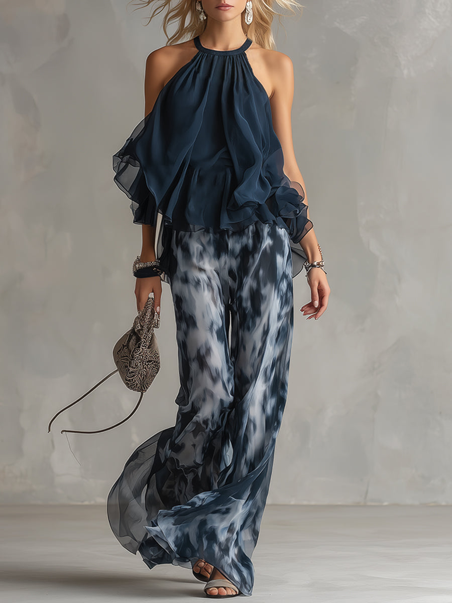Ludovica - elegante in chiffon met hoge hals en wijde geprinte broek