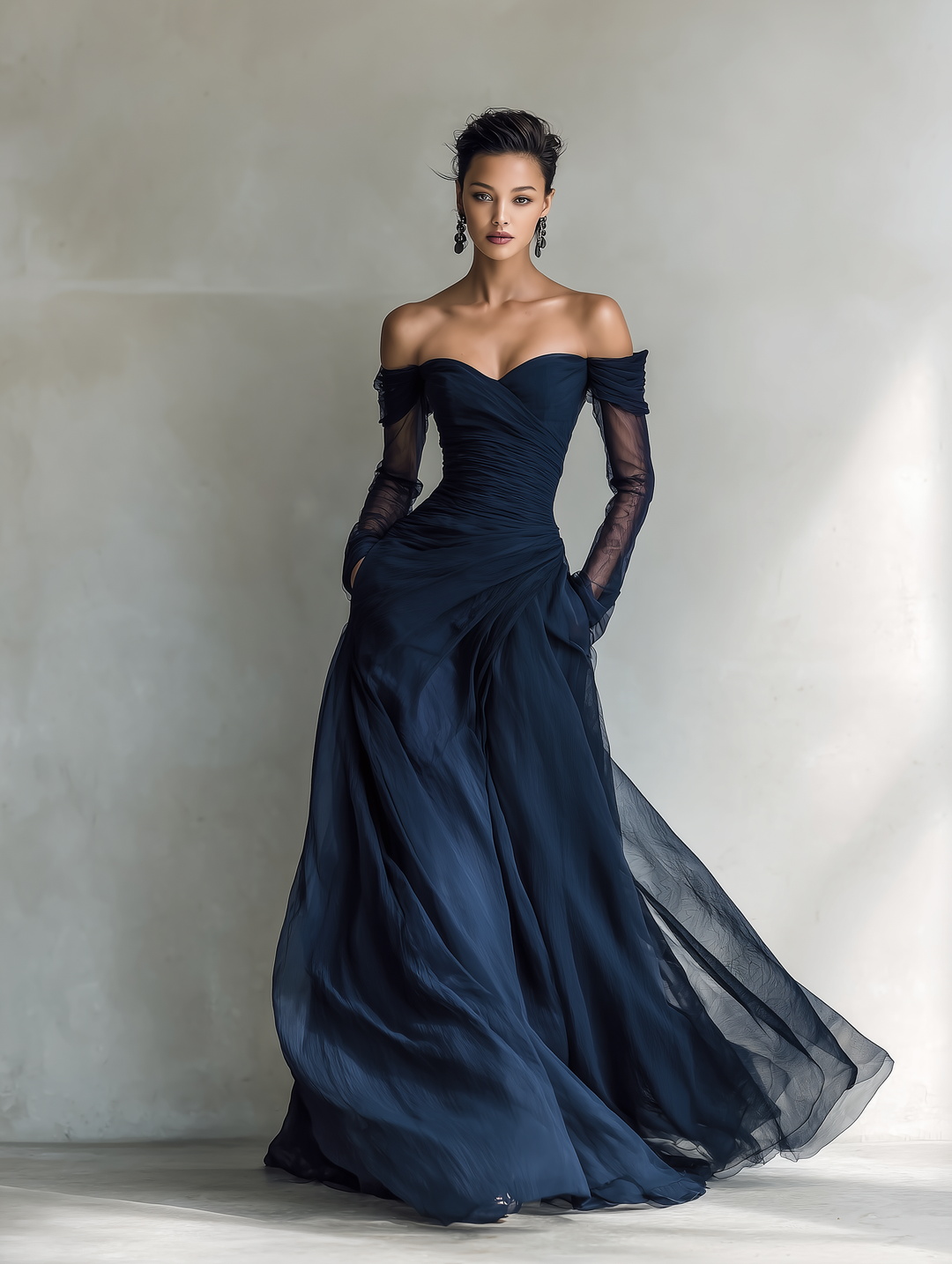 Elegante Aansluitende Maxi Jurk van Donkerblauwe Organza Chiffon met Lange Mouwen en Schoudervrij voor Vrouwen