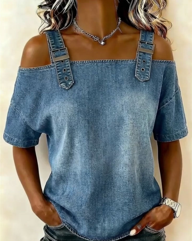 Chemisier Off-Shoulder met Spaghetti Bandjes in Denim