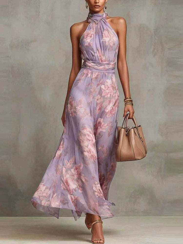 Groene Bloemen Chiffon Halter Maxi Jurk
