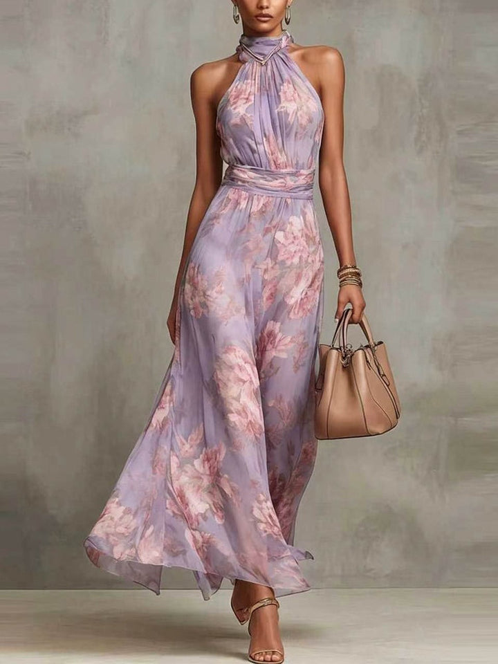 Groene Bloemen Chiffon Halter Maxi Jurk