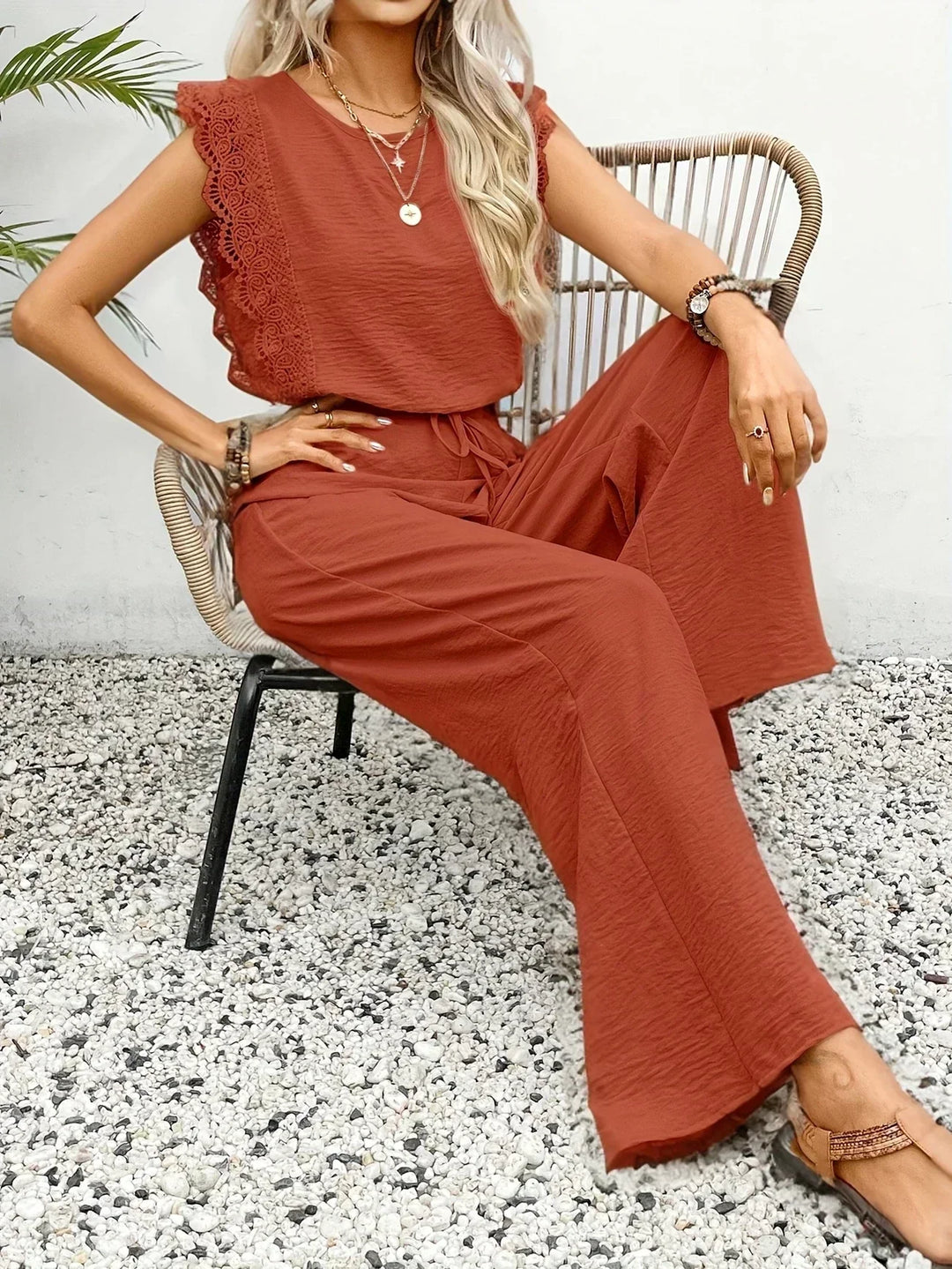 Zella™ Elegante Twee-Delige Set | Kantafwerking Top en Wijde Broek