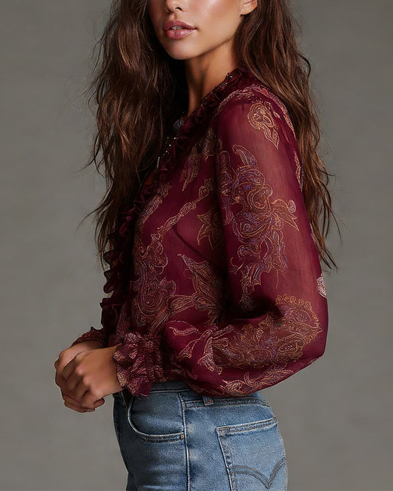 Blouse Demi-Zip Volant Retro