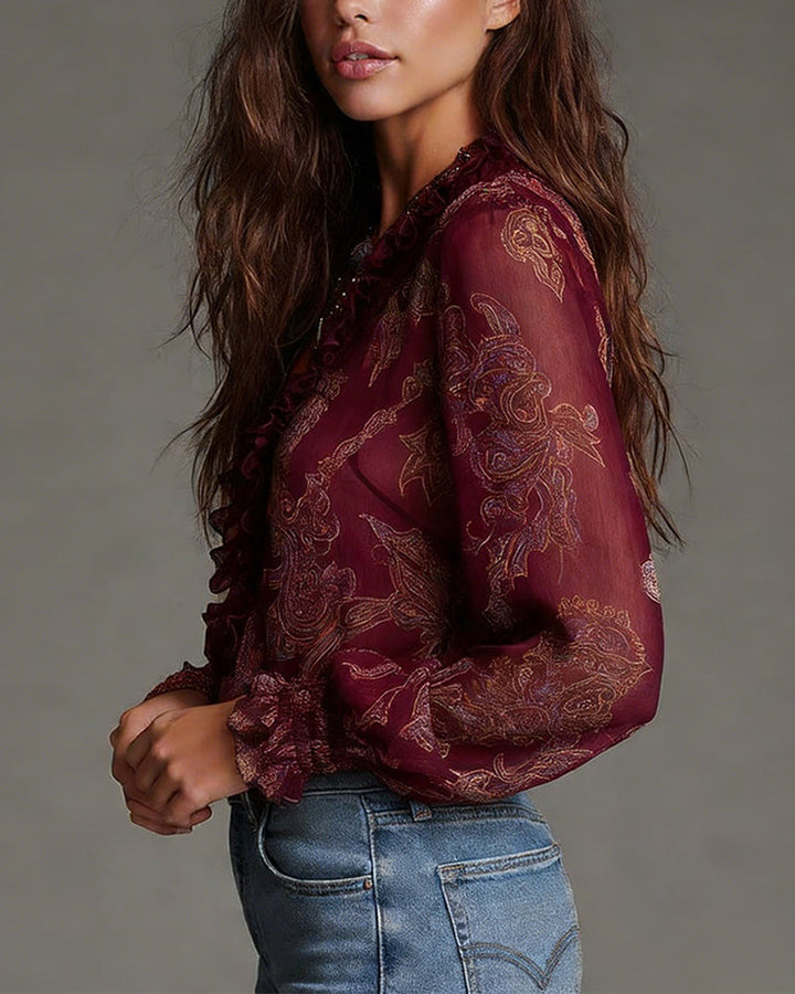 Blouse Demi-Zip Volant Retro