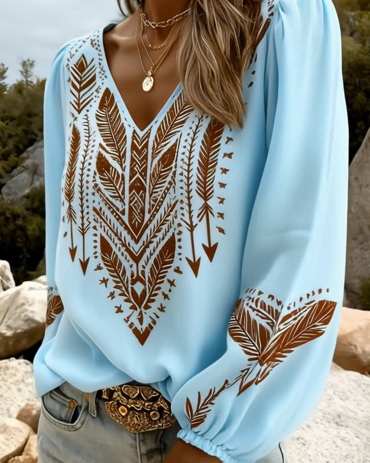 Blouse met Volumineuze Mouwen en Brede V-Hals