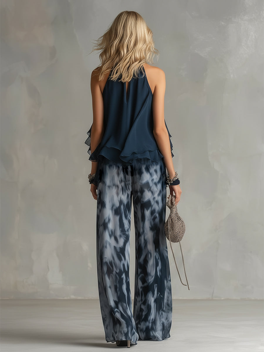 Ludovica - elegante in chiffon met hoge hals en wijde geprinte broek