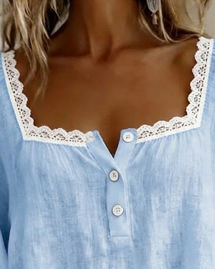 Blouse van Kant met Vierkante Hals en Puffmouwen