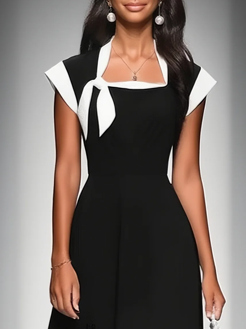 Ariane | Midi Jurk voor Vrouwen met Vierkante Hals en Colorblock Mouwen