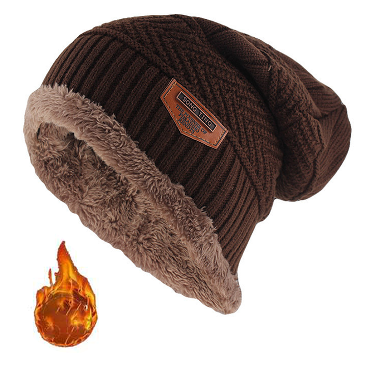 Leren gebreide muts voor mannen, winter, met label, slouchy stijl, gevoerd met dikke fleece