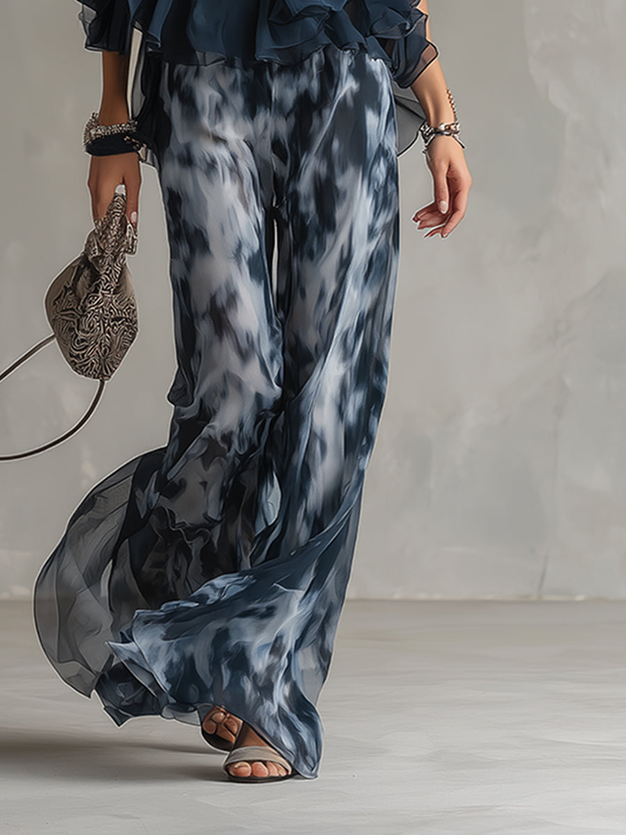 Ludovica - elegante in chiffon met hoge hals en wijde geprinte broek