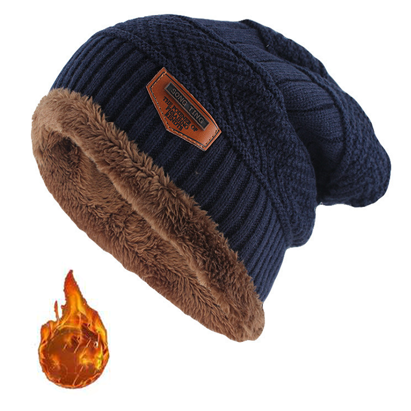 Leren gebreide muts voor mannen, winter, met label, slouchy stijl, gevoerd met dikke fleece