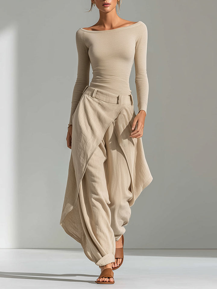 Éveline | Set met beige top met boothals en wijde broek met volants