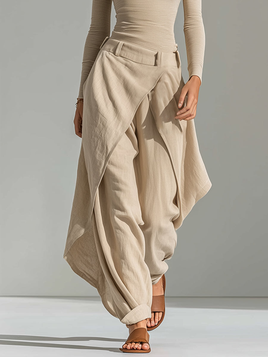 Éveline | Set met beige top met boothals en wijde broek met volants