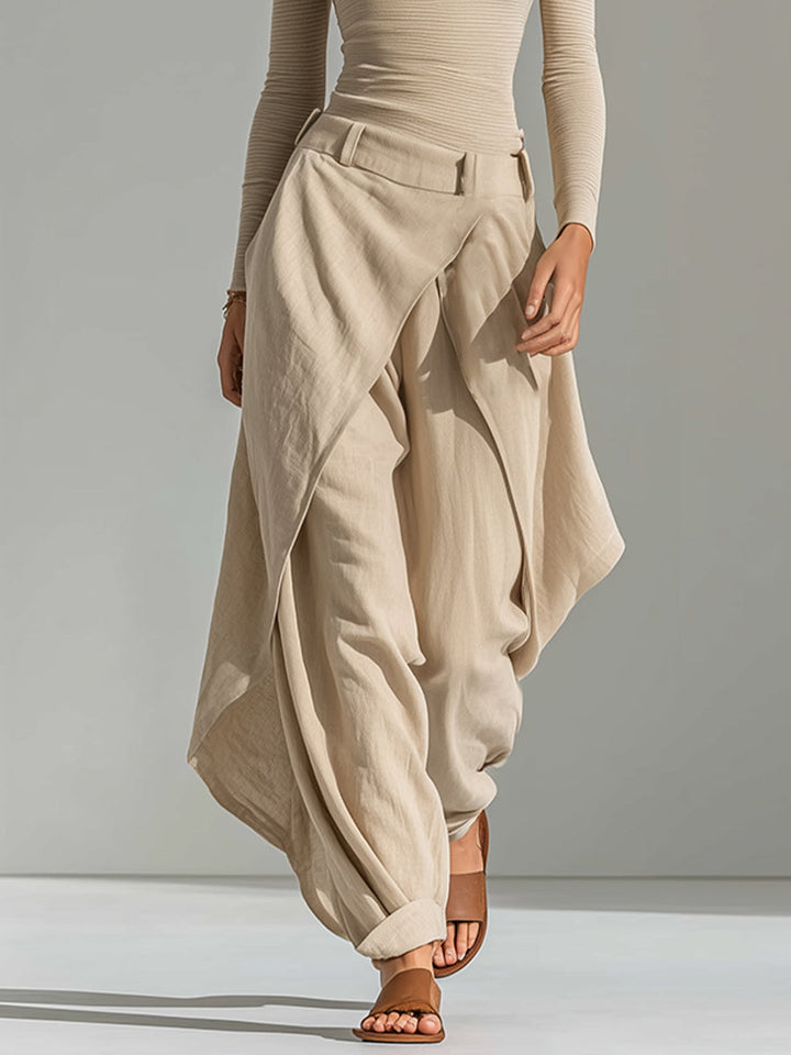 Éveline | Set met beige top met boothals en wijde broek met volants
