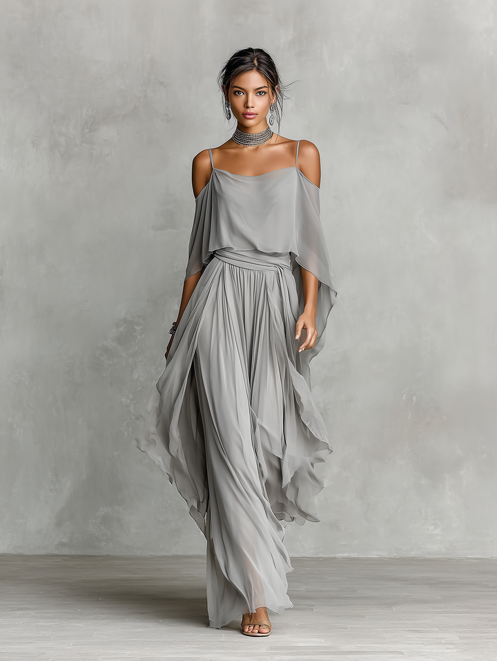 Grijze Ademend Chiffon Set voor Vrouwen met Off-Shoulder Detail & Uitlopende Silhouet, Luxe-Vrouwelijke Hedendaagse Stijl