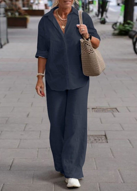 Denice™ Elegante Casual Twee-delige Set | Ontspannen Knopshirt en Wijde Broek