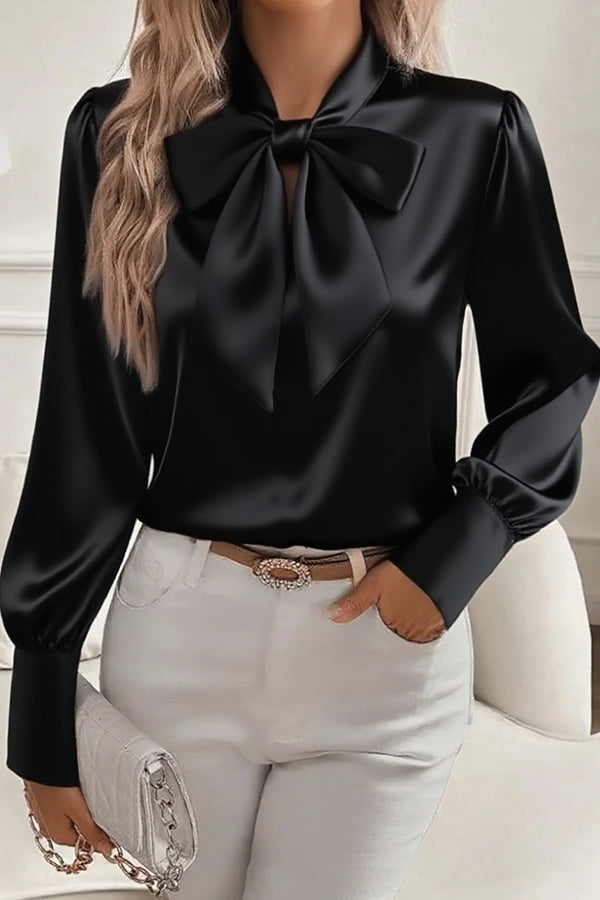 Satin Effen Kleur Casual Strik Lange Mouwen Shirt
