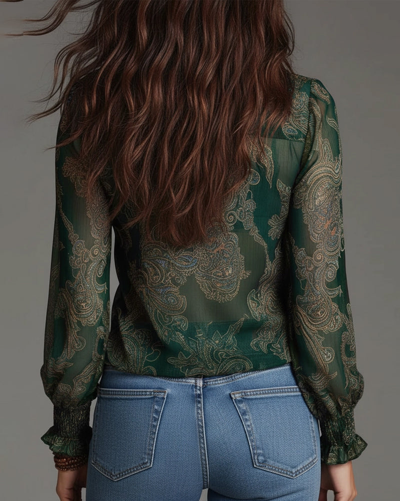 Blouse Demi-Zip Volant Retro