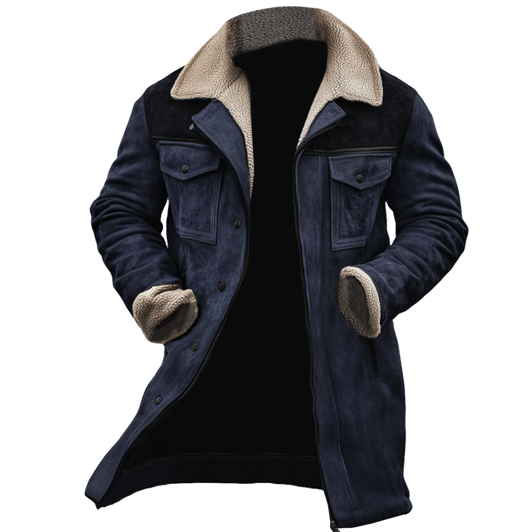 Vintage leren buitenjack voor mannen met patchwork en meerdere zakken, met omgeslagen kraag