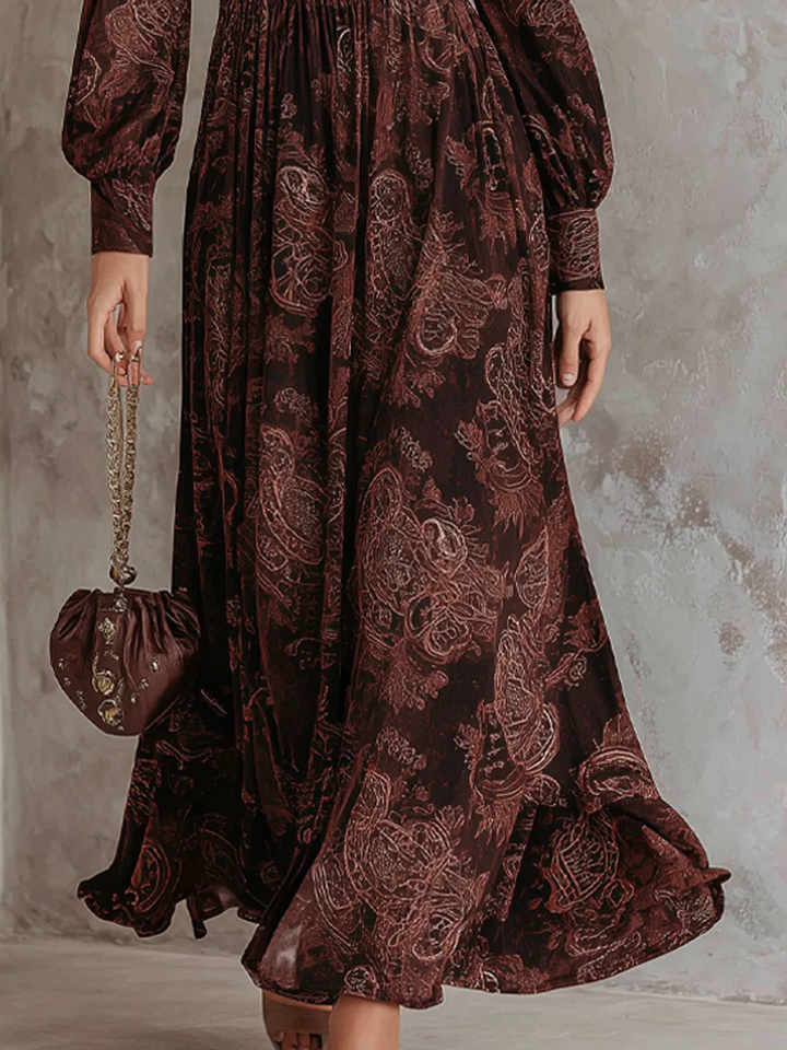 Oriane | Maxi Jurk Hoge Taille met Rits in Bruine Paisleyprint