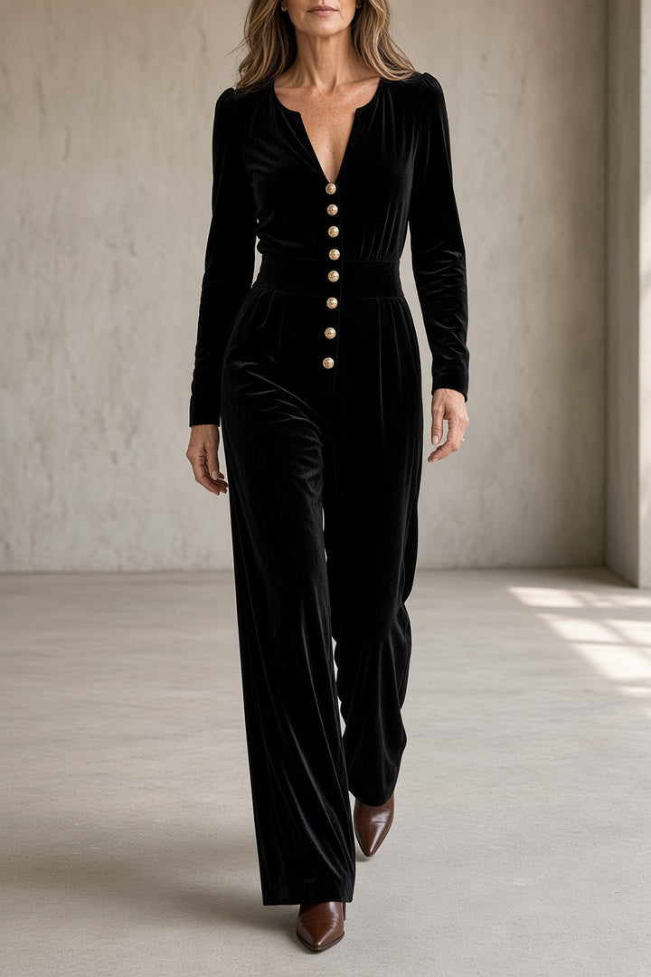 Berenice | Velours Jumpsuit met Gouden Knopen