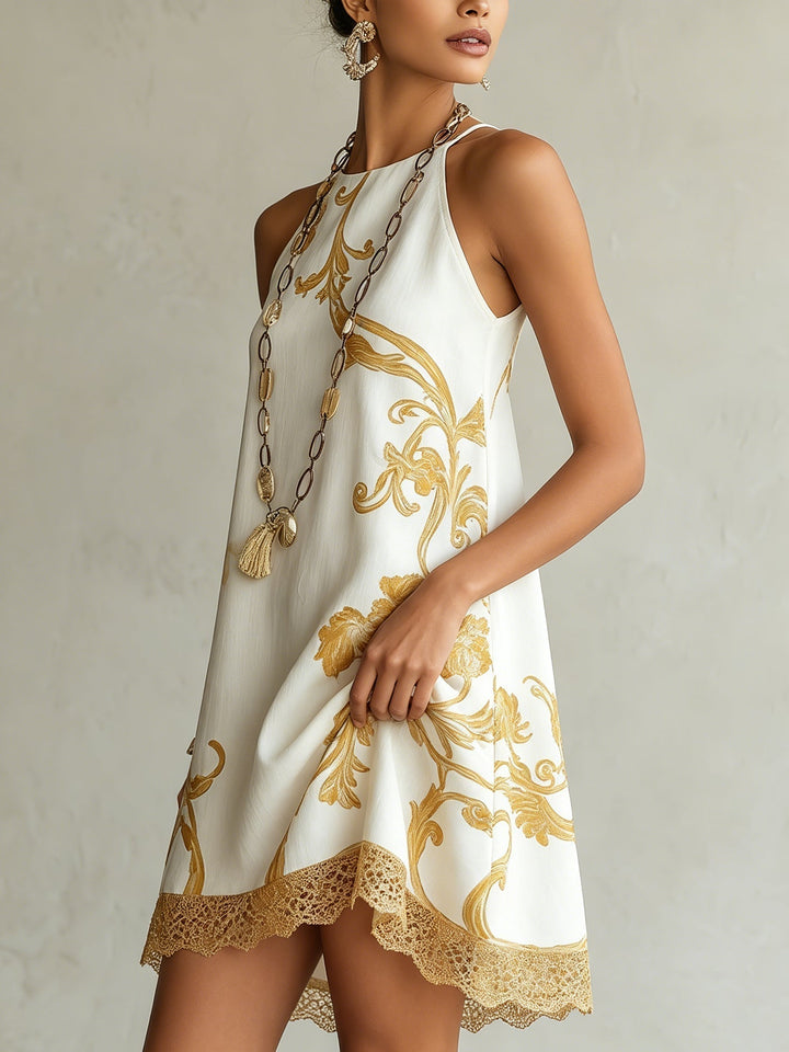Héloïse | Witte mini-jurk van kant met gouden motieven