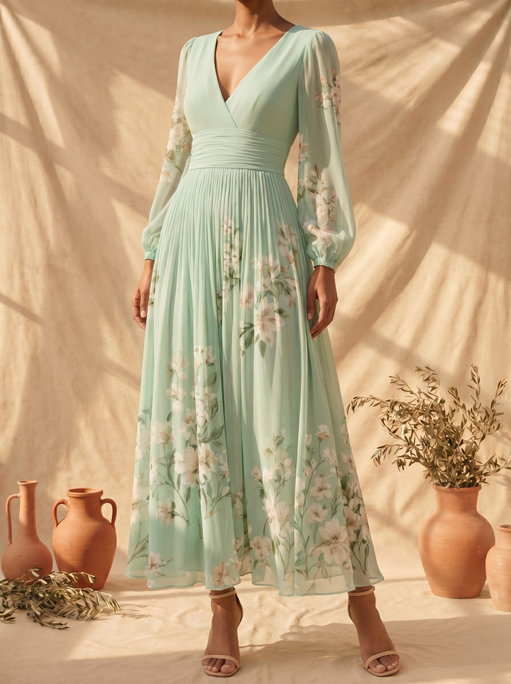 Cisella | Midi jurk lichtgroen met bloemen