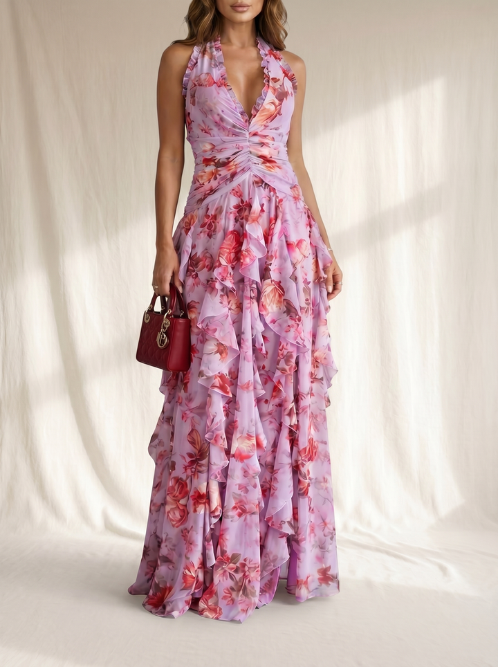 Belladina | Romantica Cascata di Rose Lange jurk met Amerikaanse halslijn