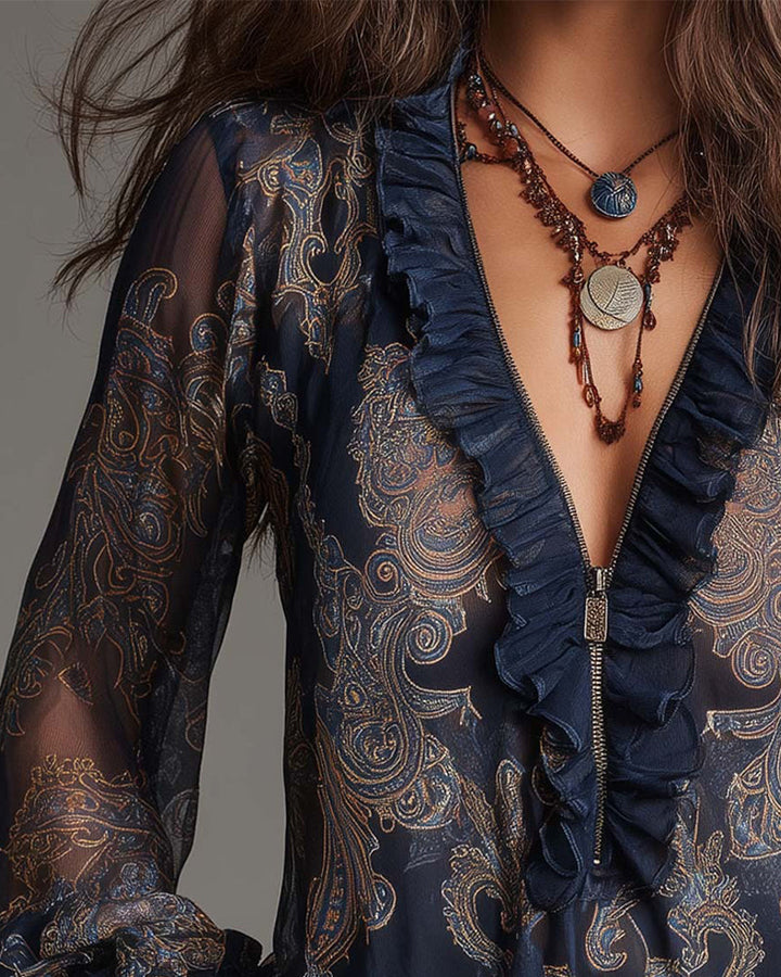 Blouse Demi-Zip Volant Retro