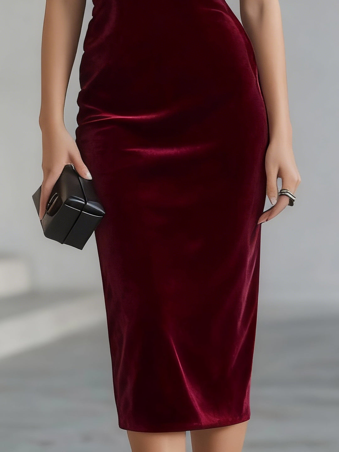 DRAMATISCHE BURGUNDY VELVET BOW MIDI JURK