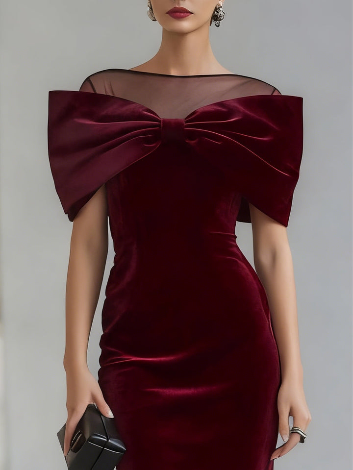 DRAMATISCHE BURGUNDY VELVET BOW MIDI JURK