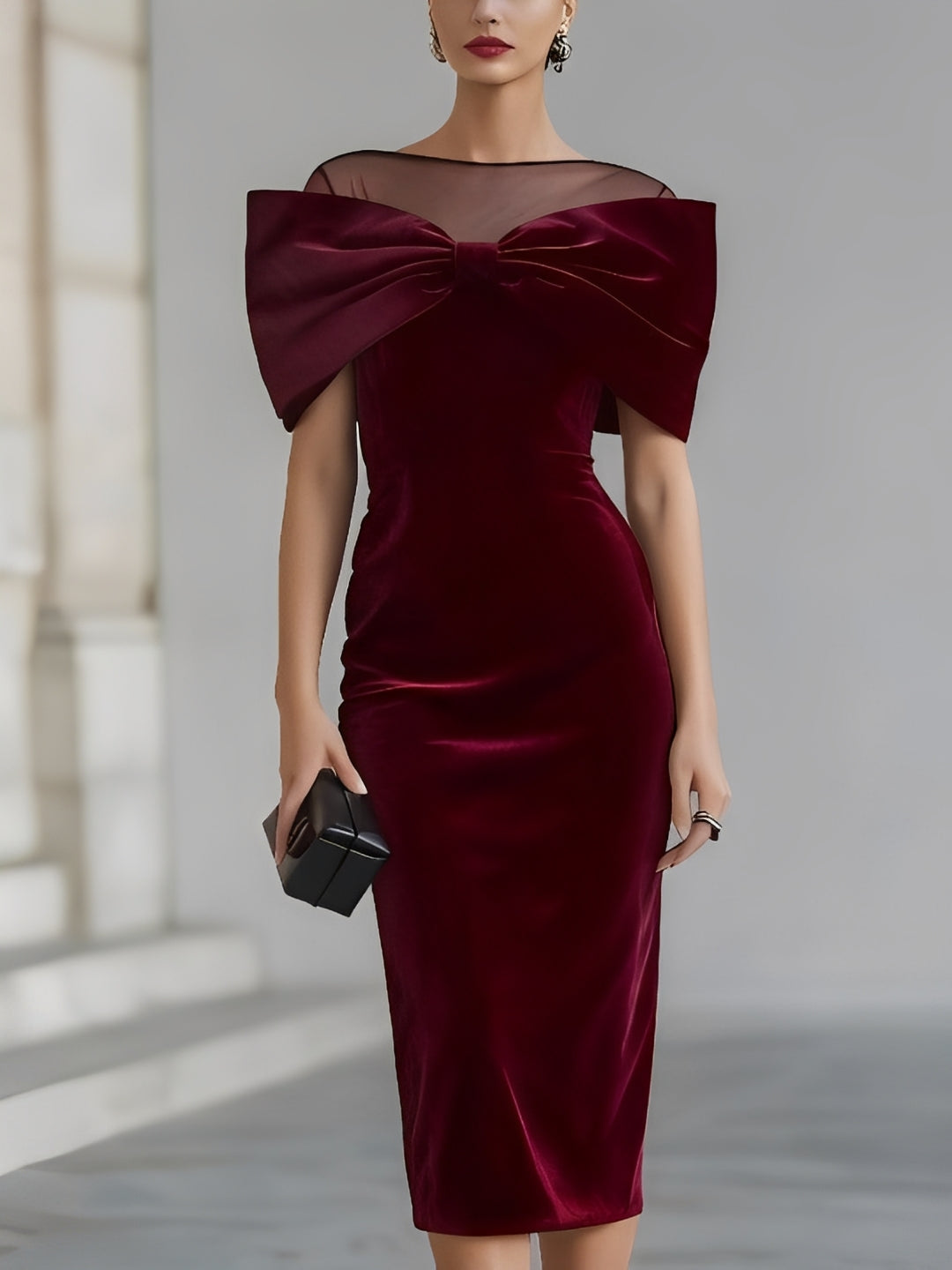 DRAMATISCHE BURGUNDY VELVET BOW MIDI JURK